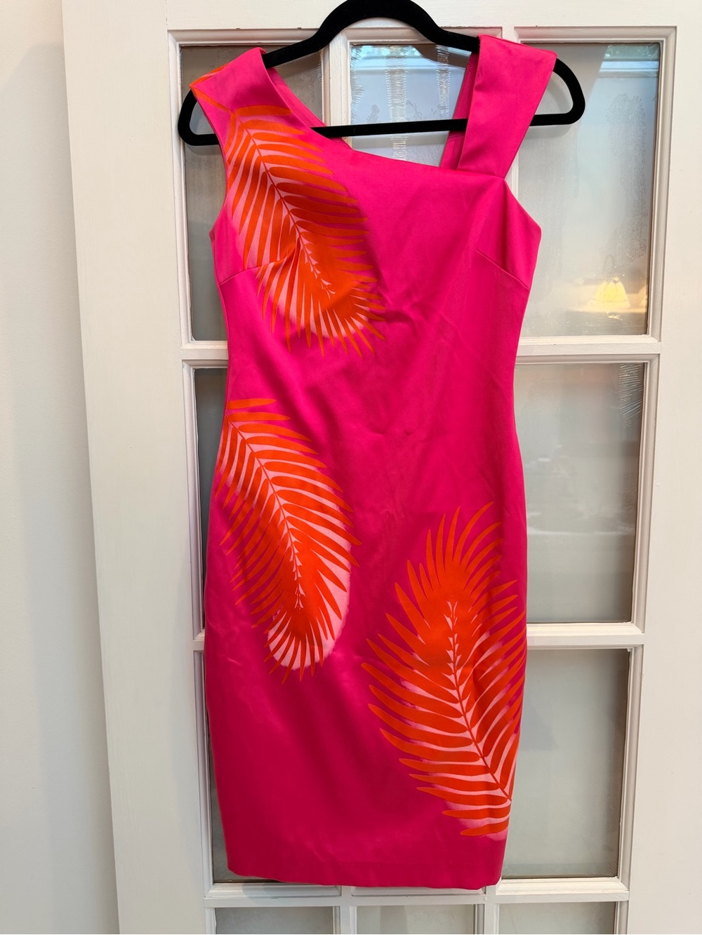 Vintage Cache 90’s Y2K Fuchsia Tropical Sheath Dress Orange Palm Print Size 0